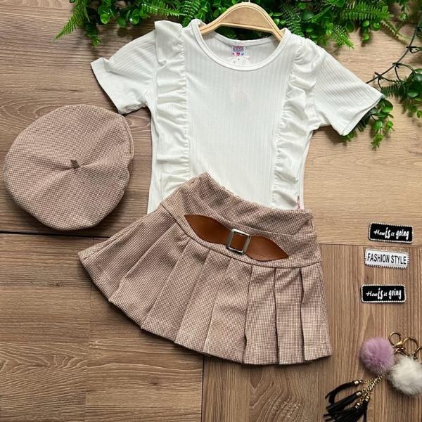 Conjunto Boina Camel Falda-Blusa